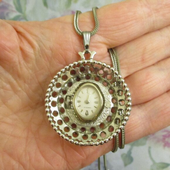 Vintage CARAVELLE BULOVA Watch Necklace: Whiting & Davis Cameo Pendant Watch - Picture 7 of 14
